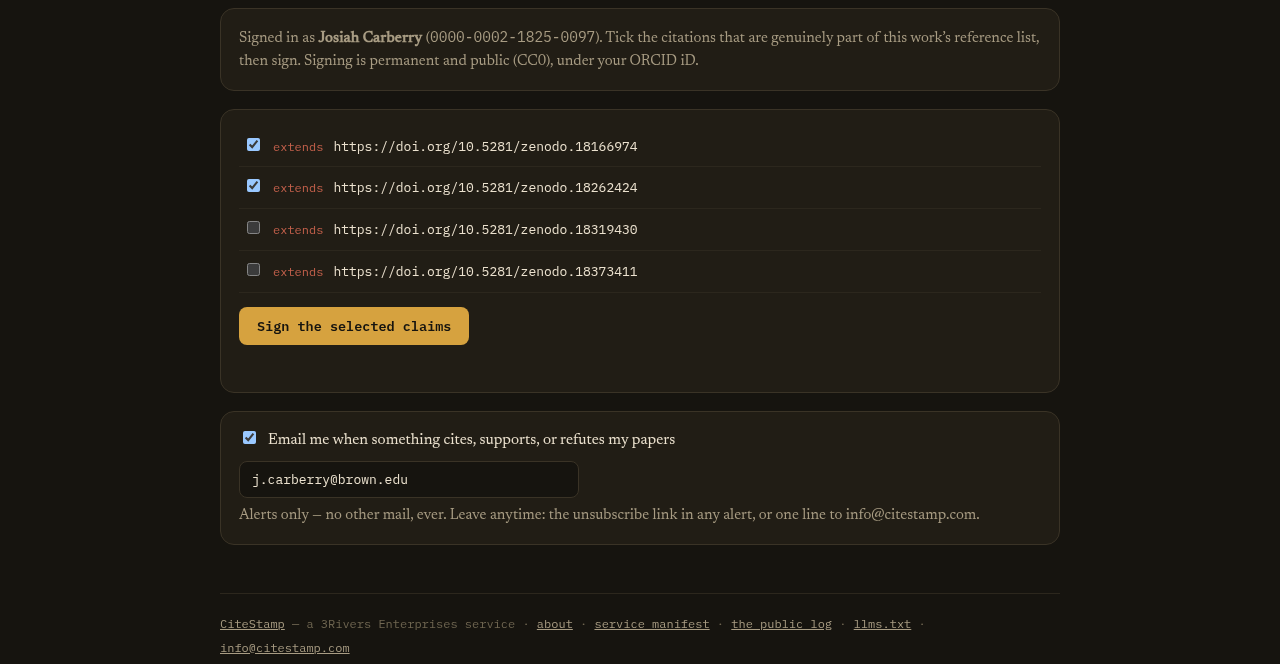 The ORCID claim picker listing machine-inferred citations ready to be signed